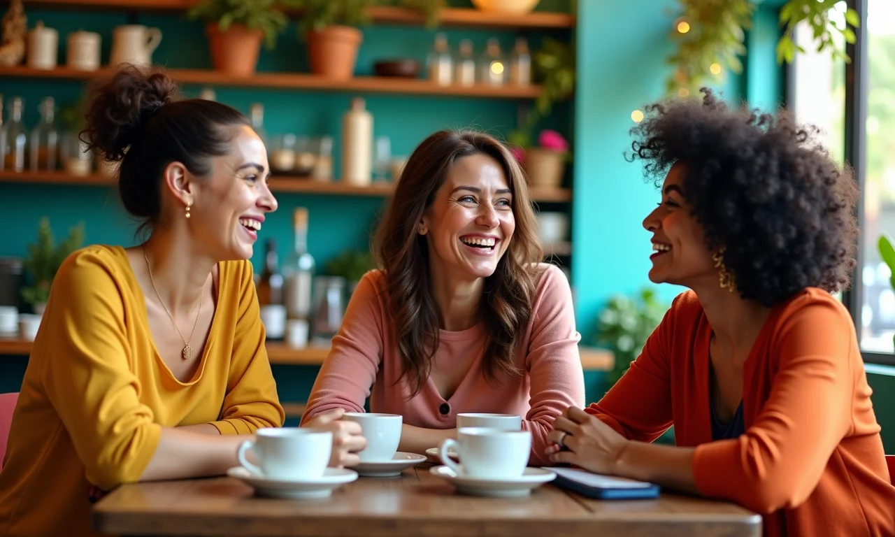 Mulheres de meia-idade diversas rindo em um café brasileiro colorido.