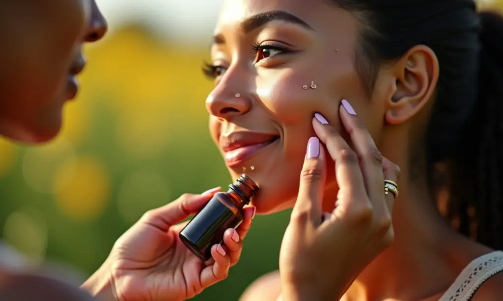 Mulheres diversas aplicando óleos essenciais na pele radiante.