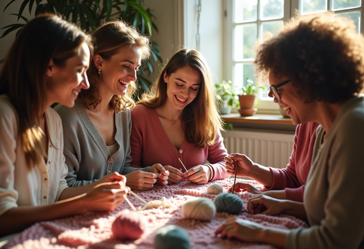 Mulheres diversas aprendendo crochê juntas em um estúdio ensolarado.