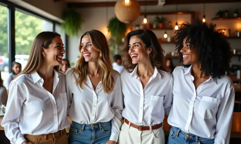 Mulheres diversas celebrando a versatilidade da camisa branca em looks modernos.