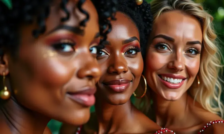 Mulheres diversas celebrando o Natal com maquiagem festiva brasileira.