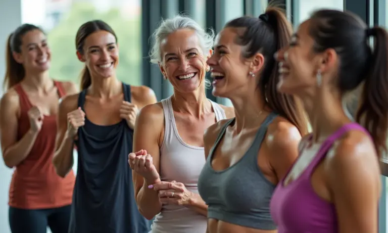Mulheres diversas exibindo roupas de academia bem conservadas, sorrindo.