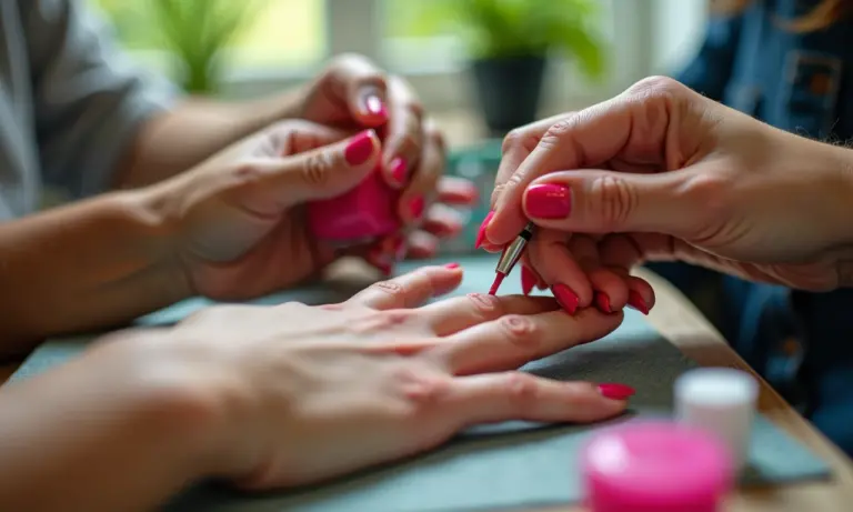 Mulheres diversas fazendo as unhas em casa, com esmaltes coloridos e decoração vibrante.