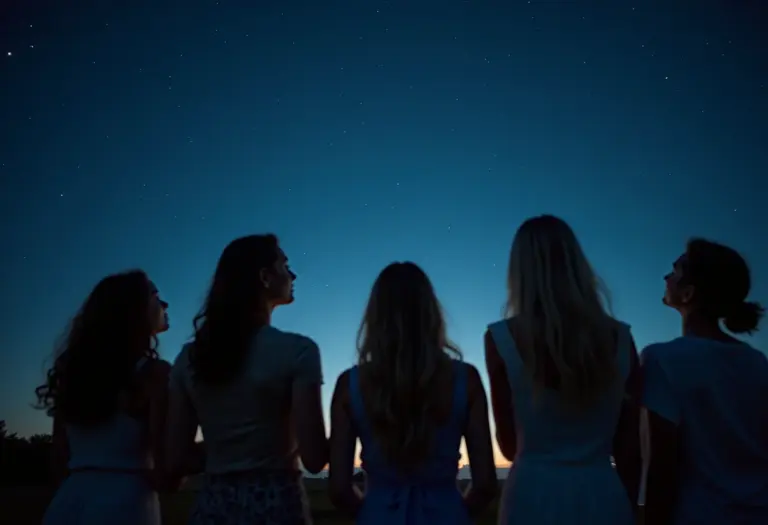 Mulheres diversas observando o céu noturno com signos do zodíaco