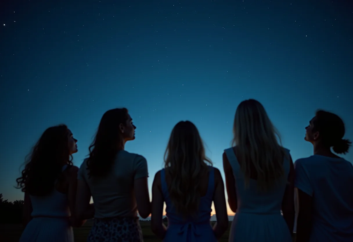 Mulheres diversas observando o céu noturno com signos do zodíaco