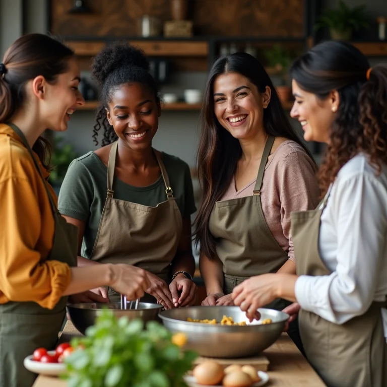 Mulheres diversas participando de um workshop de culinária.