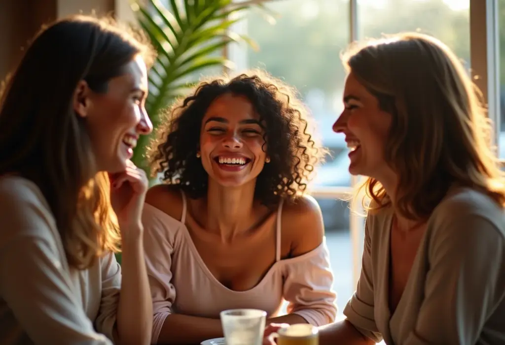 Mulheres diversas reunidas em café, compartilhando risadas e amizade.