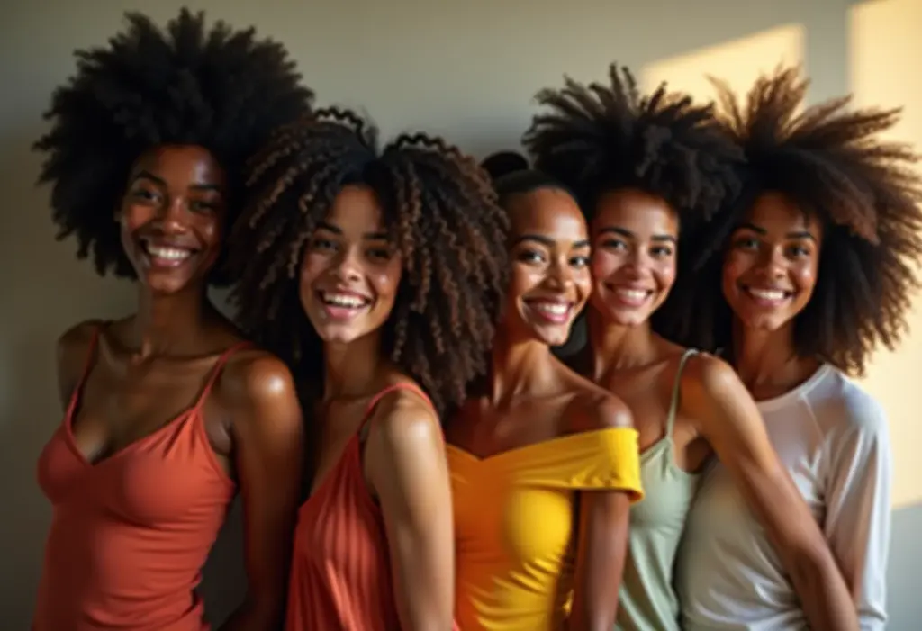 Mulheres diversas sorrindo com diferentes tipos de cabelo