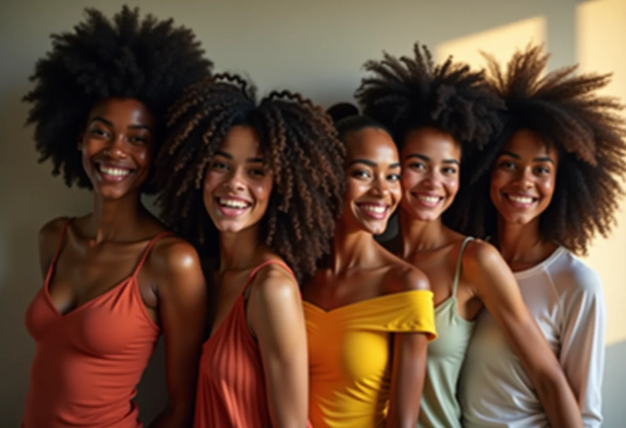 Mulheres diversas sorrindo com diferentes tipos de cabelo