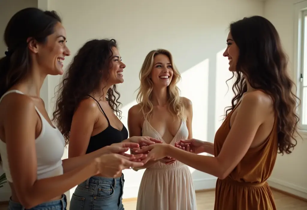 Moda Sustentável: Guia para um guarda-roupa consciente e estiloso Mulheres diversas trocando roupas em um apartamento iluminado para artigo sobre moda sustentável.