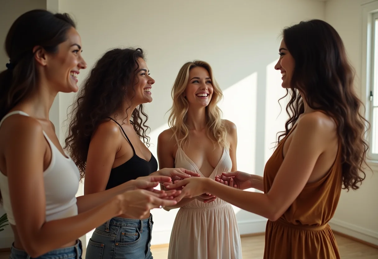 Mulheres diversas trocando roupas em um apartamento iluminado para artigo sobre moda sustentável.