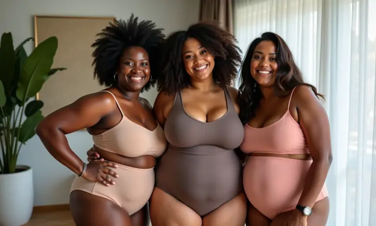 Mulheres diversas usando cintas modeladoras com sorrisos confiantes.