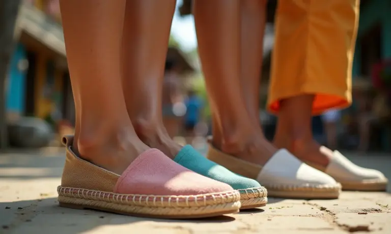 Mulheres diversas usando espadrilles estilosas em mercado brasileiro vibrante.