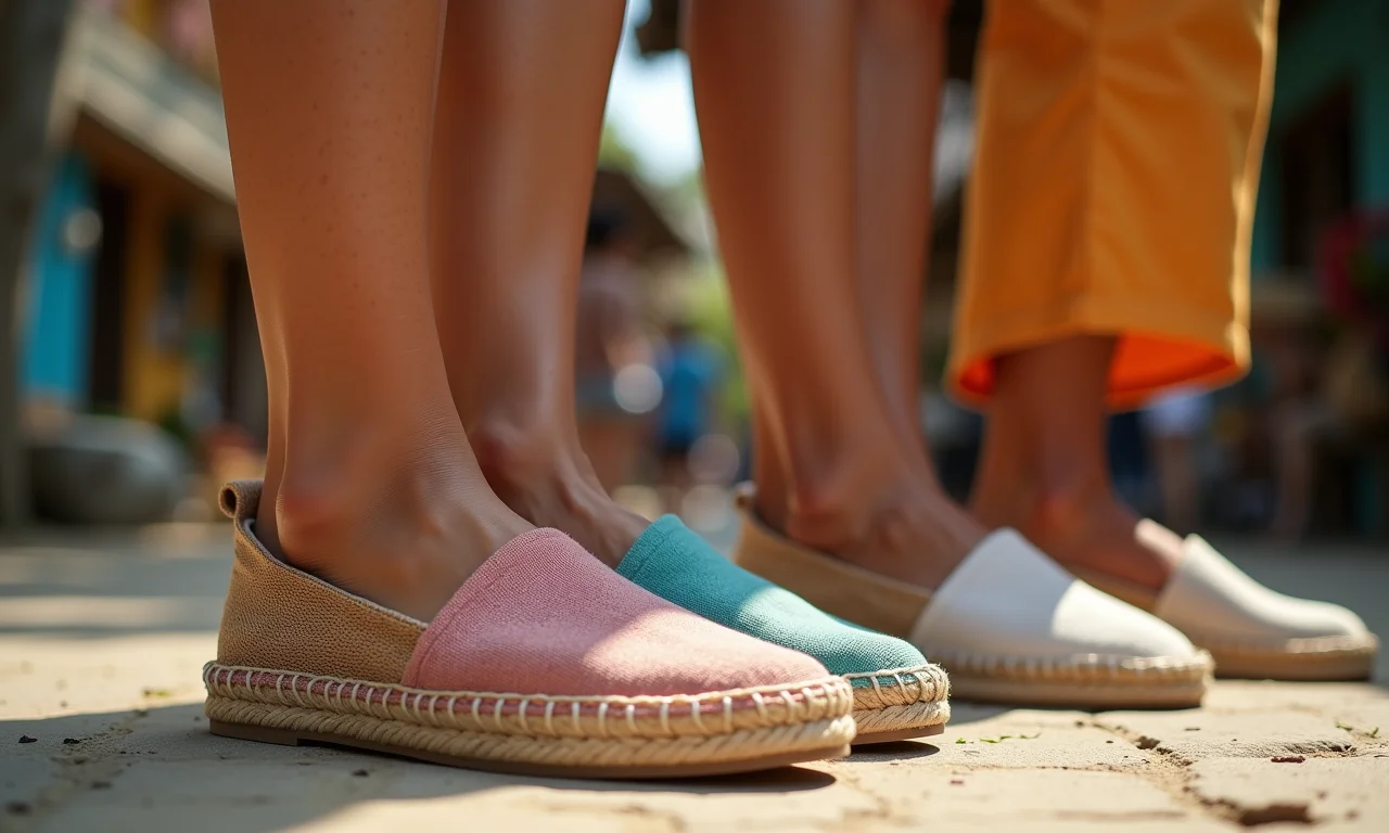 Mulheres diversas usando espadrilles estilosas em mercado brasileiro vibrante.