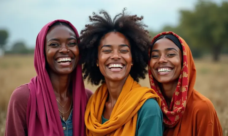 Mulheres diversas usando lenços e echarpes com estilo e alegria.