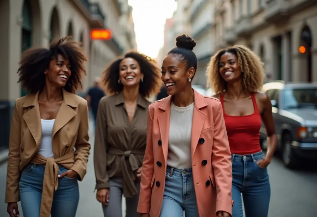 Mulheres estilosas caminhando juntas em uma rua da cidade, expressando confiança e alegria