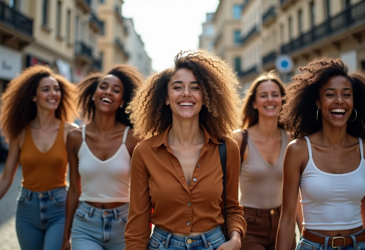 Mulheres estilosas caminhando juntas em uma rua da cidade, rindo e confiantes