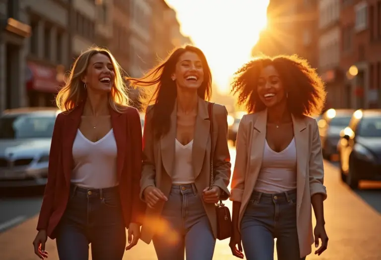 Mulheres estilosas caminhando juntas em uma rua ensolarada