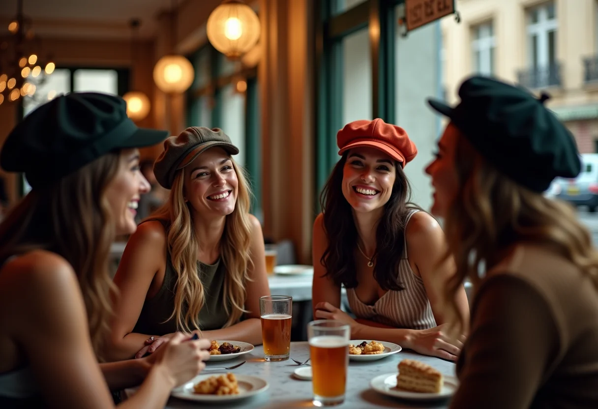 Mulheres estilosas usando boinas em café parisiense