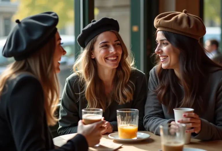 Mulheres estilosas usando boinas em um café parisiense