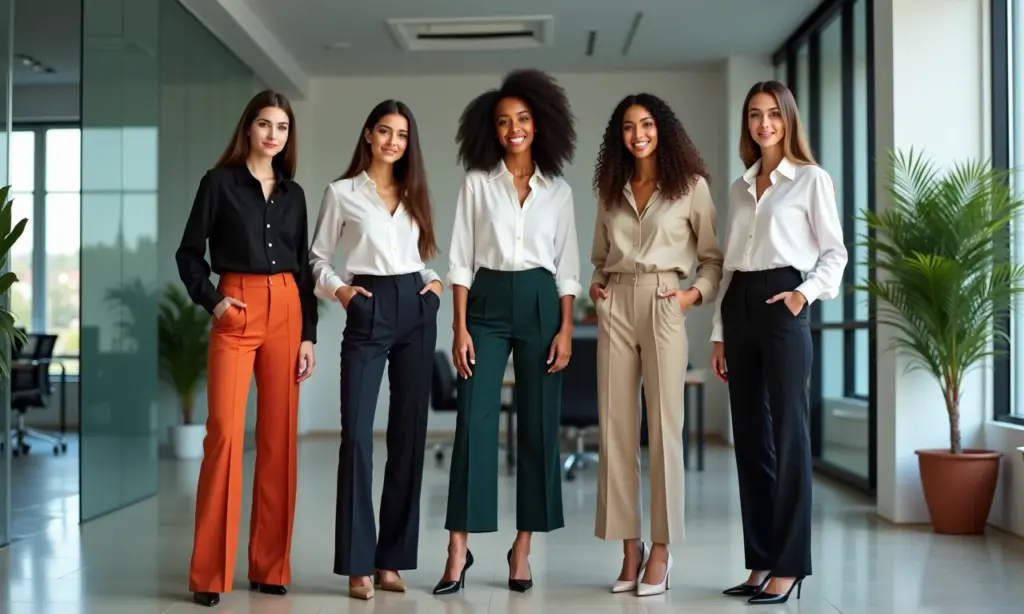 Mulheres estilosas usando calças de alfaiataria reta no ambiente de trabalho.