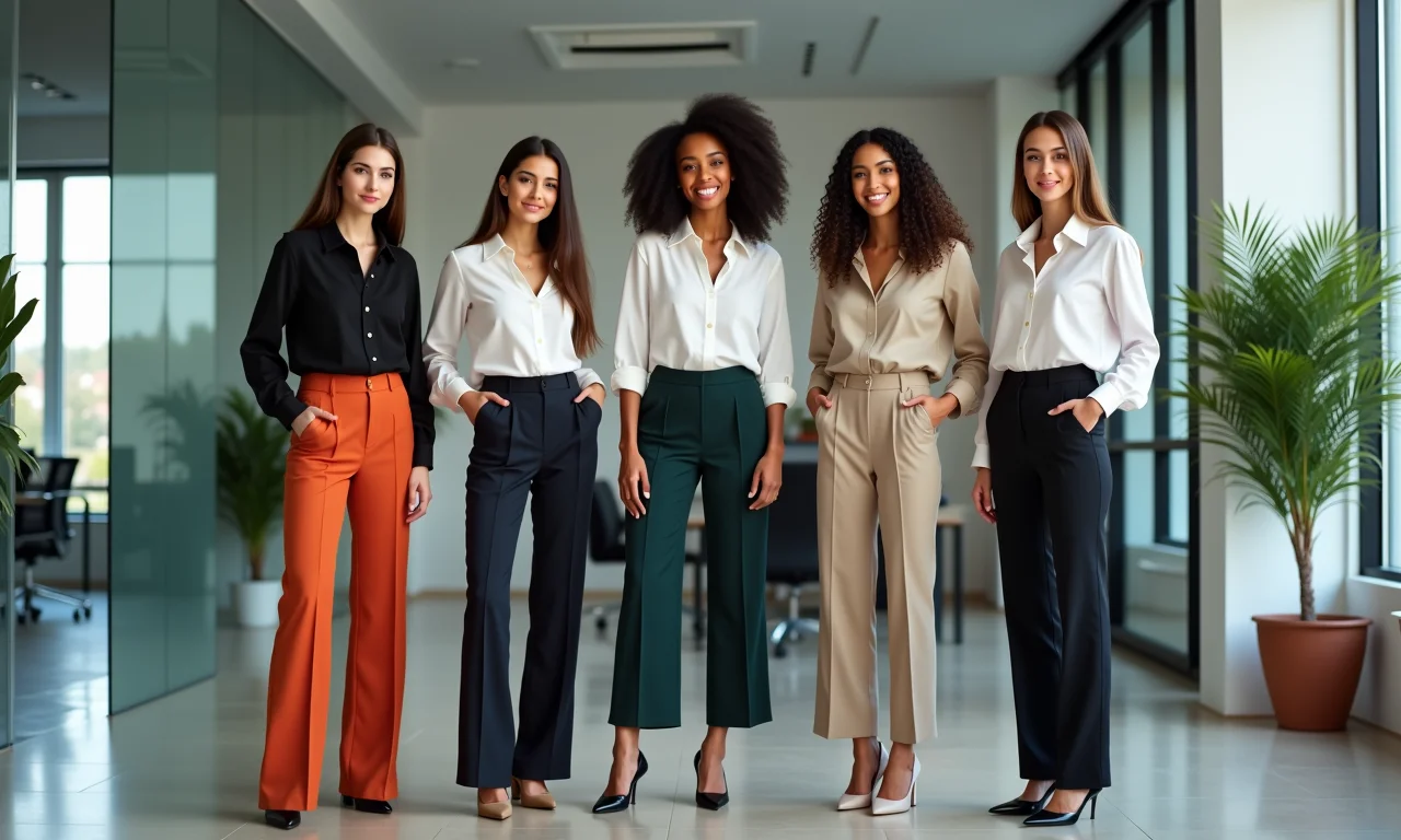 Mulheres estilosas usando calças de alfaiataria reta no ambiente de trabalho.