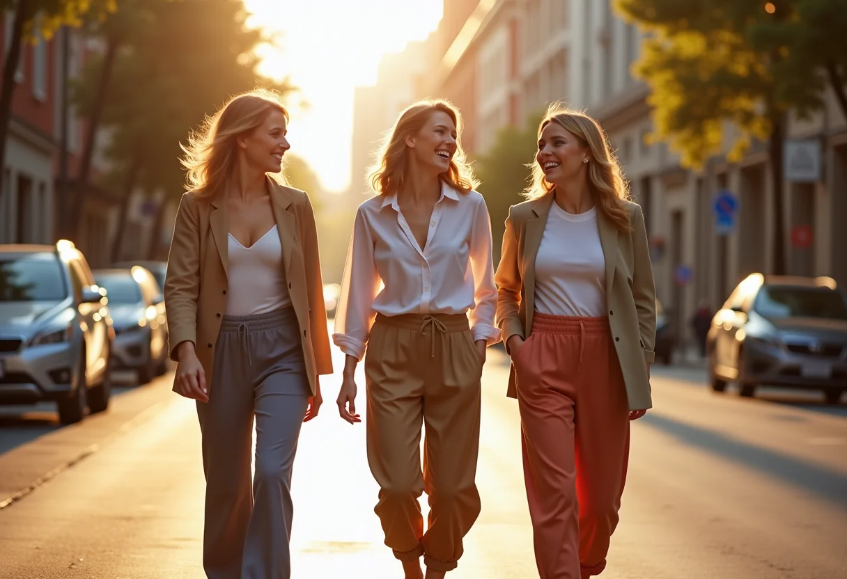 Mulheres estilosas usando calças slouchy em um dia ensolarado na cidade