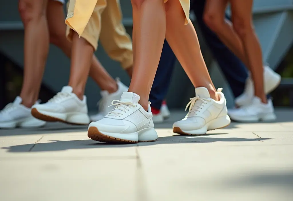 Mulheres estilosas usando tênis casual branco em ambiente urbano.