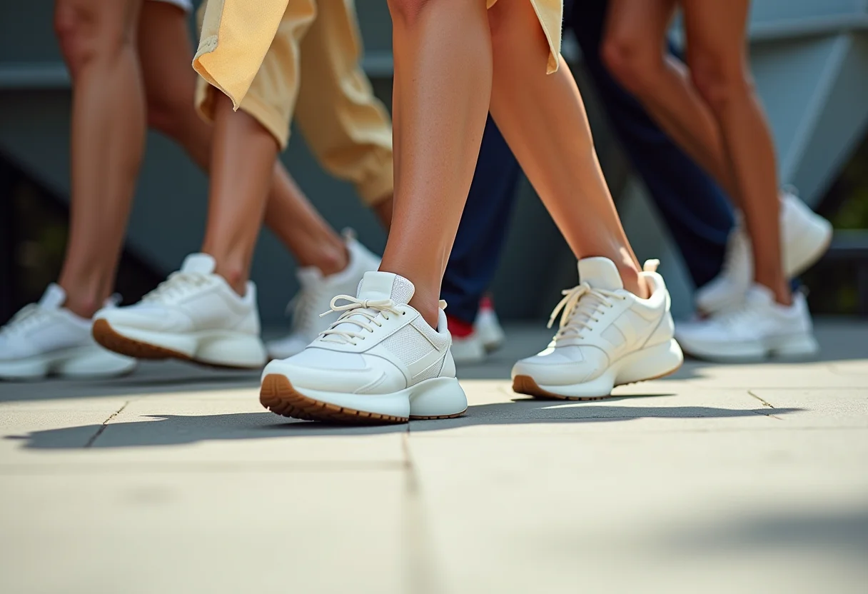 Mulheres estilosas usando tênis casual branco em ambiente urbano.