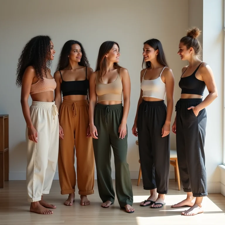 Mulheres experimentando calças slouchy.