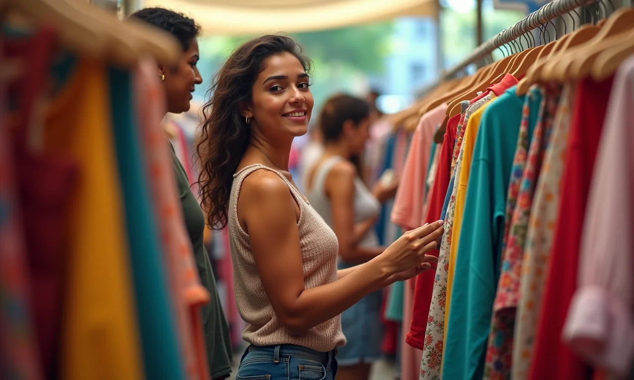 Mulheres garimpando roupas em um bazar vibrante no Brasil.