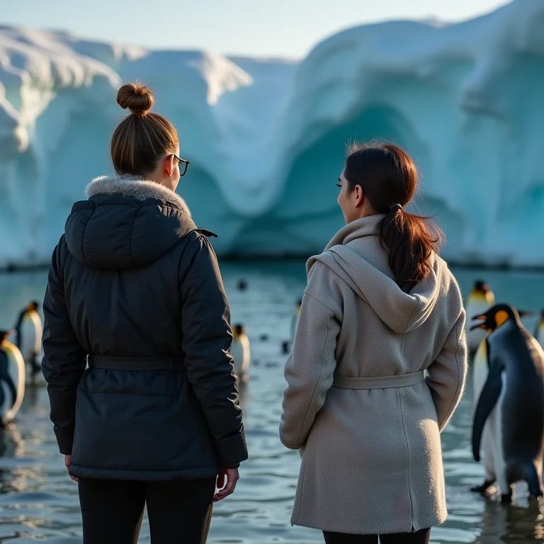 Mulheres observando pinguins na Antártida, respeitando o meio ambiente.