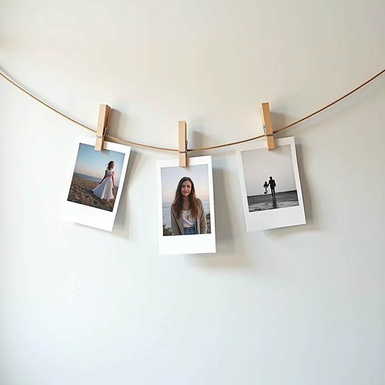 Mural de fotos criativo feito com prendedores de roupa