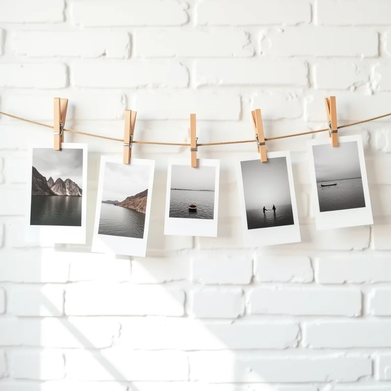 Mural de fotos criativo feito com prendedores de roupa.