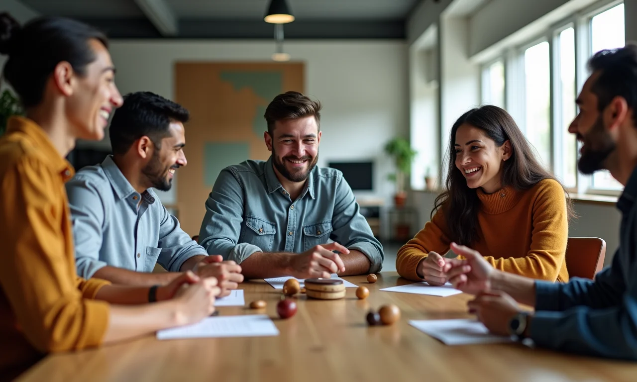 Música e brincadeiras animando festa junina entre colegas de trabalho.