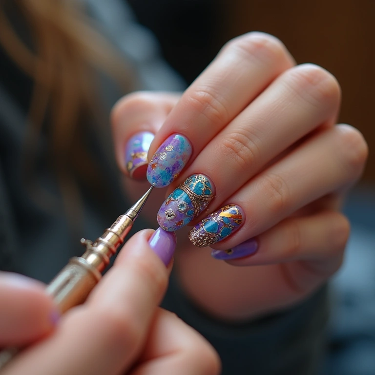 Nail art creation, vibrant colors, intricate designs, professional photography, 8K quality, sharp Nail art com cores vibrantes e design intrincado.