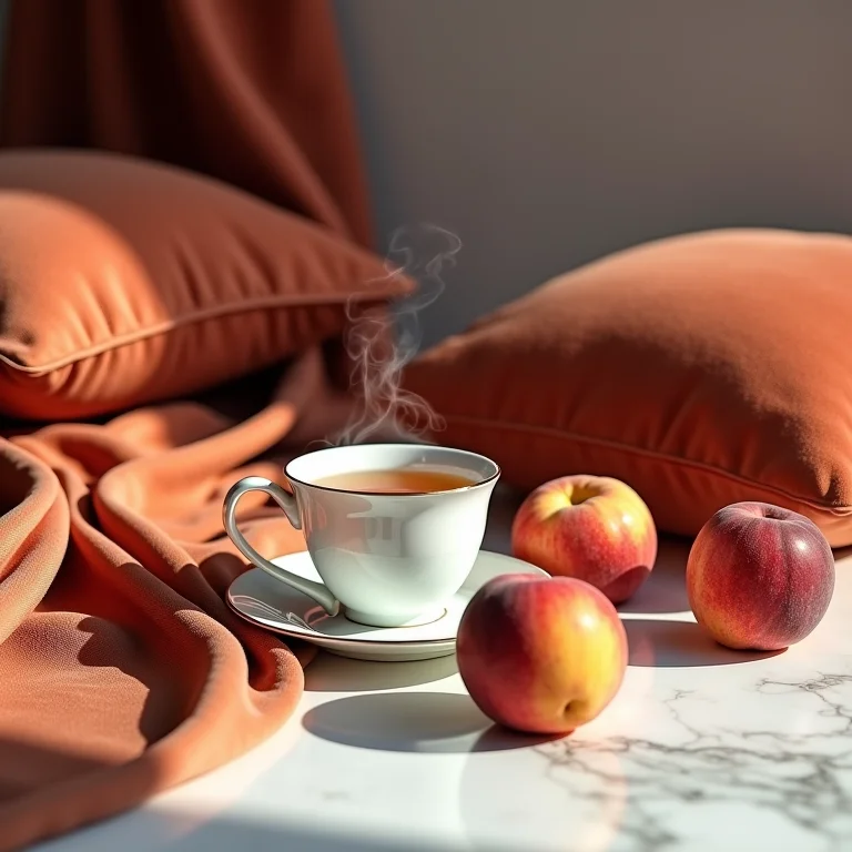 Natureza morta com texturas luxuosas e pêssegos maduros