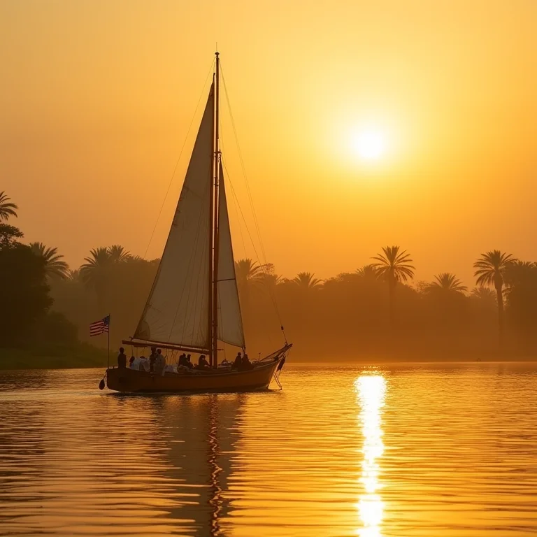 Navegação no Rio Nilo: Felucca tradicional ao pôr do sol.