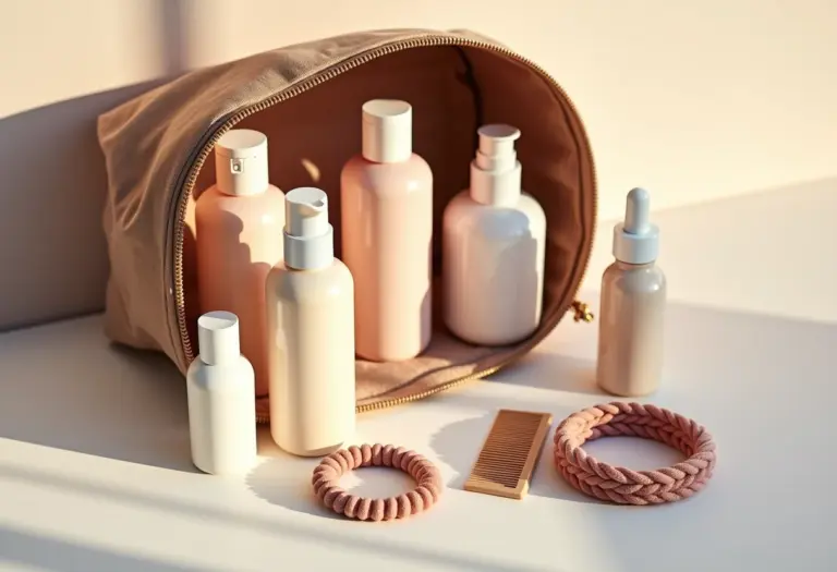 Necessaire de cabelo com produtos essenciais para viagem.
