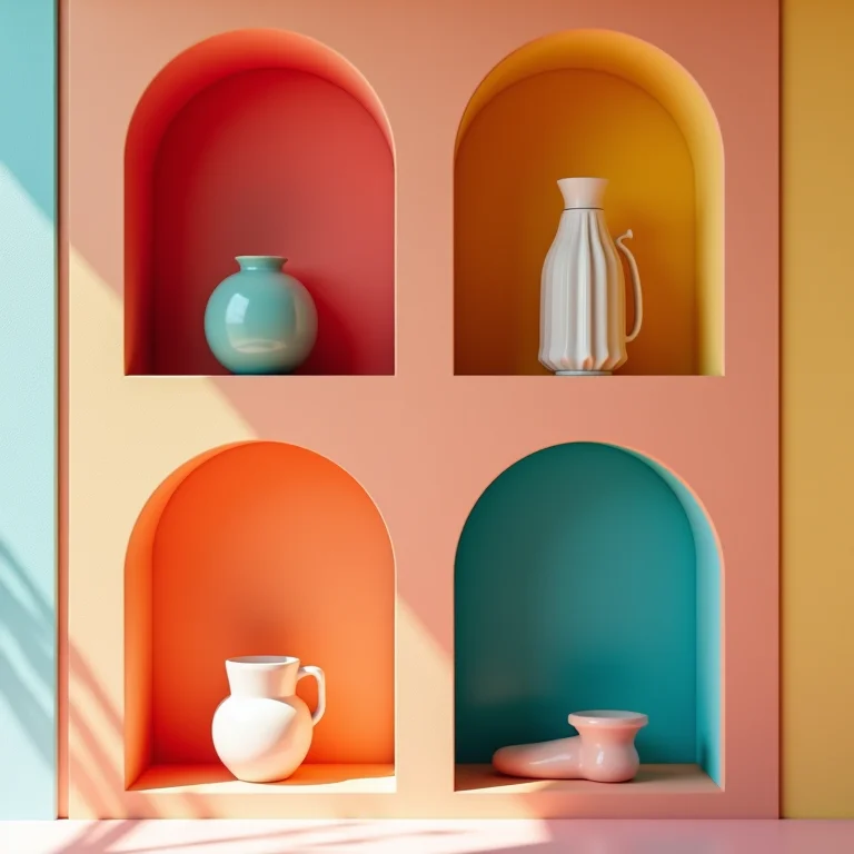 Nichos coloridos com itens decorativos