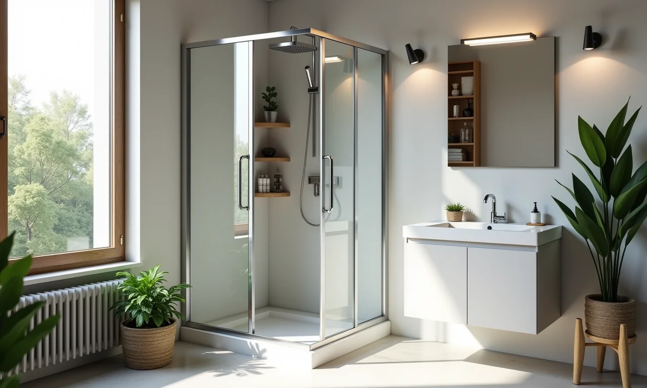 Nichos e prateleiras em banheiro pequeno com box de canto.