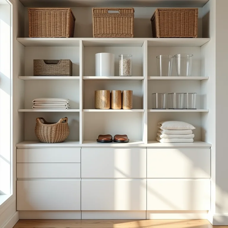 Nichos e prateleiras organizadas com cestos e caixas