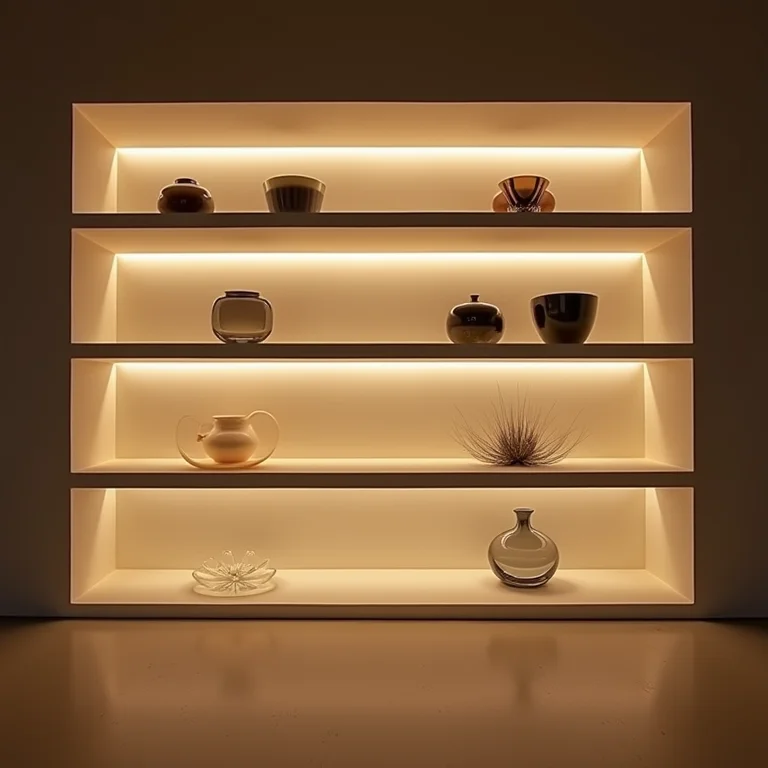 Nichos iluminados destacando objetos de arte