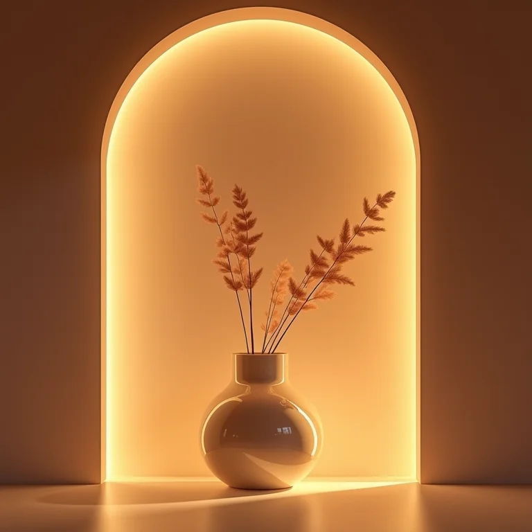 Nichos iluminados destacando objetos decorativos