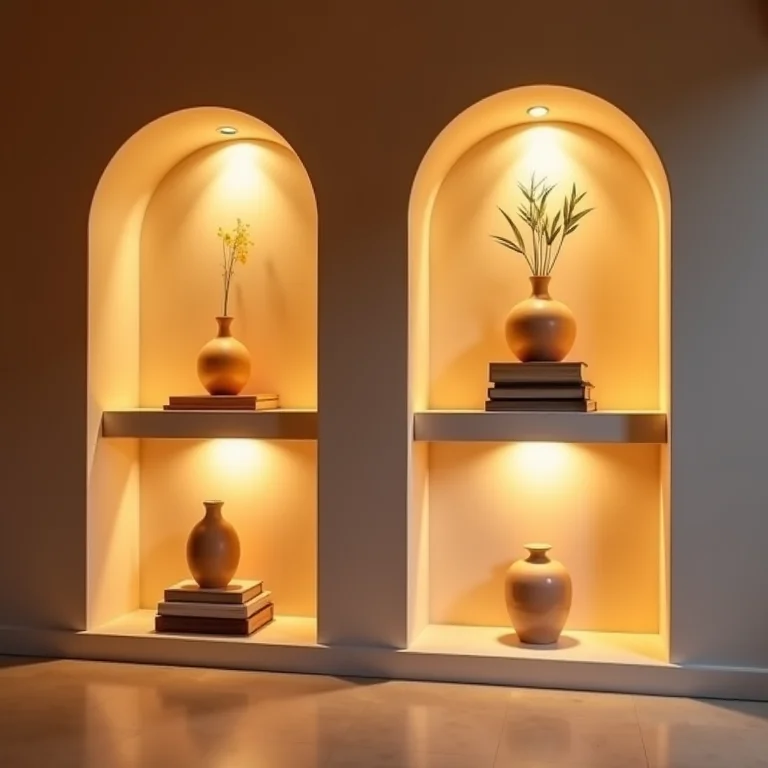 Nichos iluminados destacando objetos decorativos