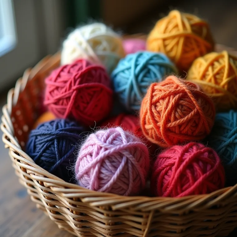 Novelos de lã coloridos em um cesto.