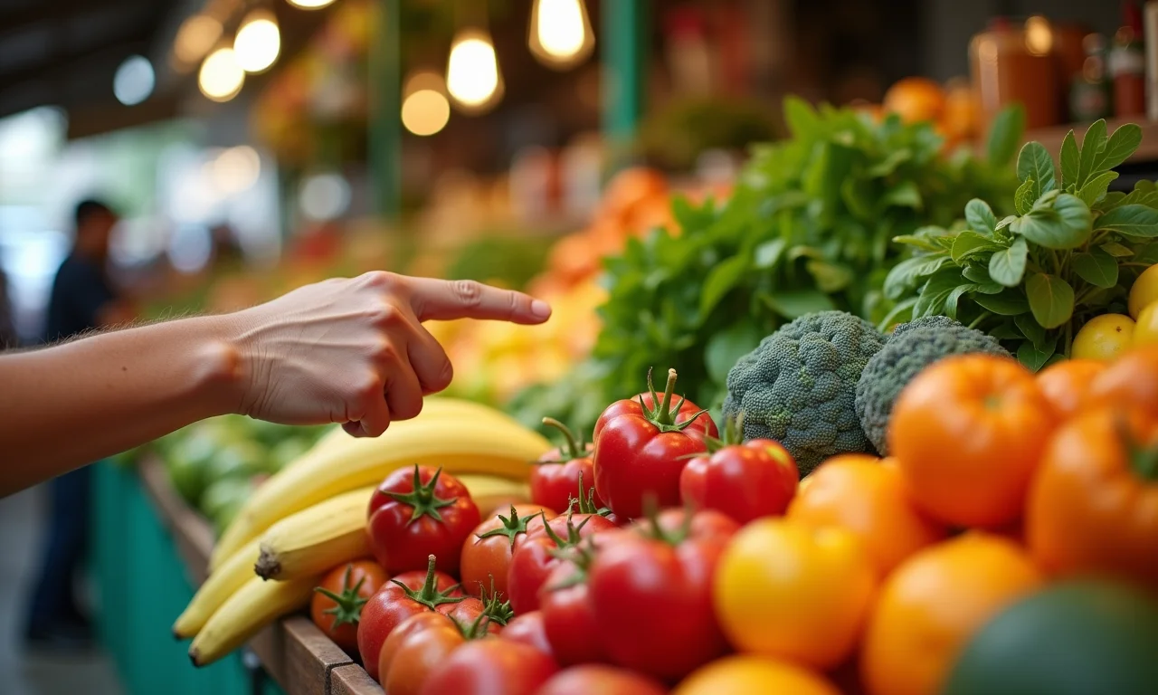 Nutricionista apontando para alimentos frescos e integrais em mercado brasileiro.