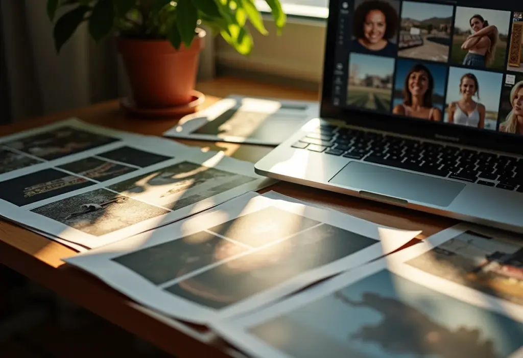 Nuvem de fotos guardando memórias em dispositivos digitais e impressões.