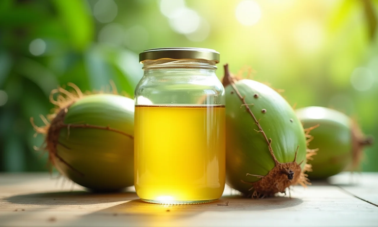 Óleo de Coco Extra Virgem Copra ao lado de cocos verdes.