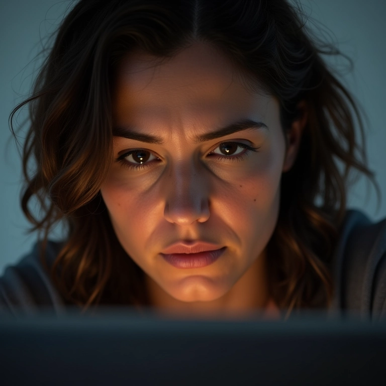 Olhos cansados de uma mulher brasileira em frente ao computador.